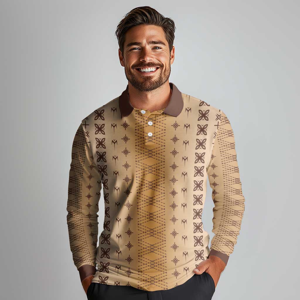 Beige Samoa Malu Tattoo Inspired Long Sleeve Polo Shirt - Polynesian Pride