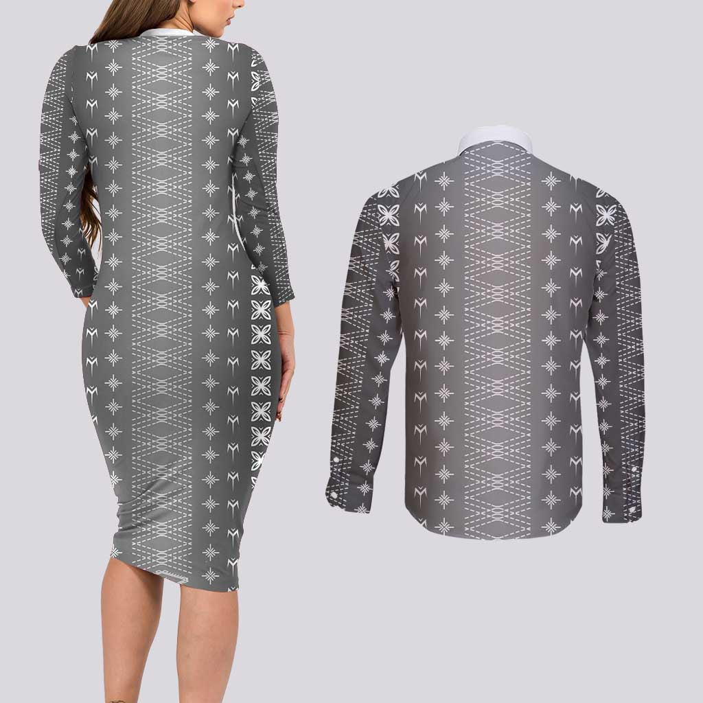 Black Samoa Malu Tattoo Inspired Couples Matching Long Sleeve Bodycon Dress and Long Sleeve Button Shirt - Polynesian Pride