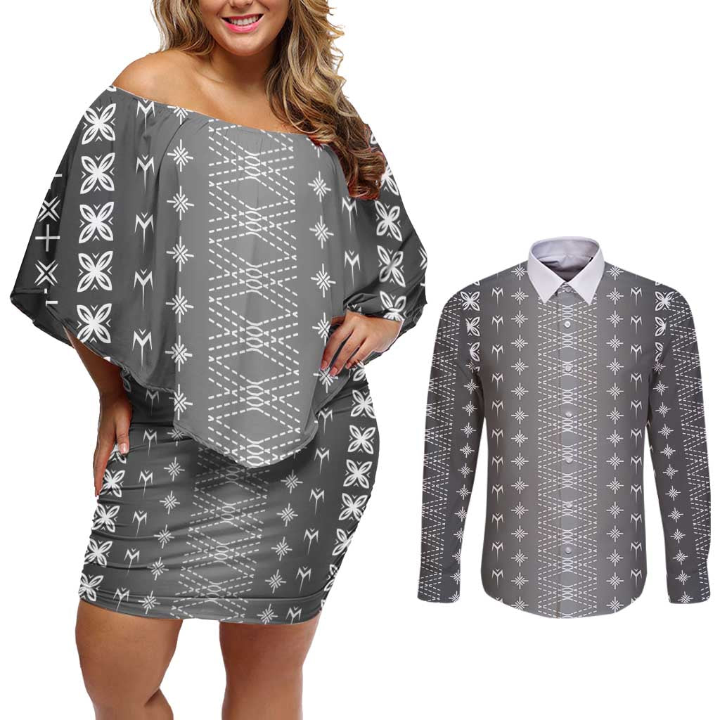 Black Samoa Malu Tattoo Inspired Couples Matching Off Shoulder Short Dress and Long Sleeve Button Shirt - Polynesian Pride