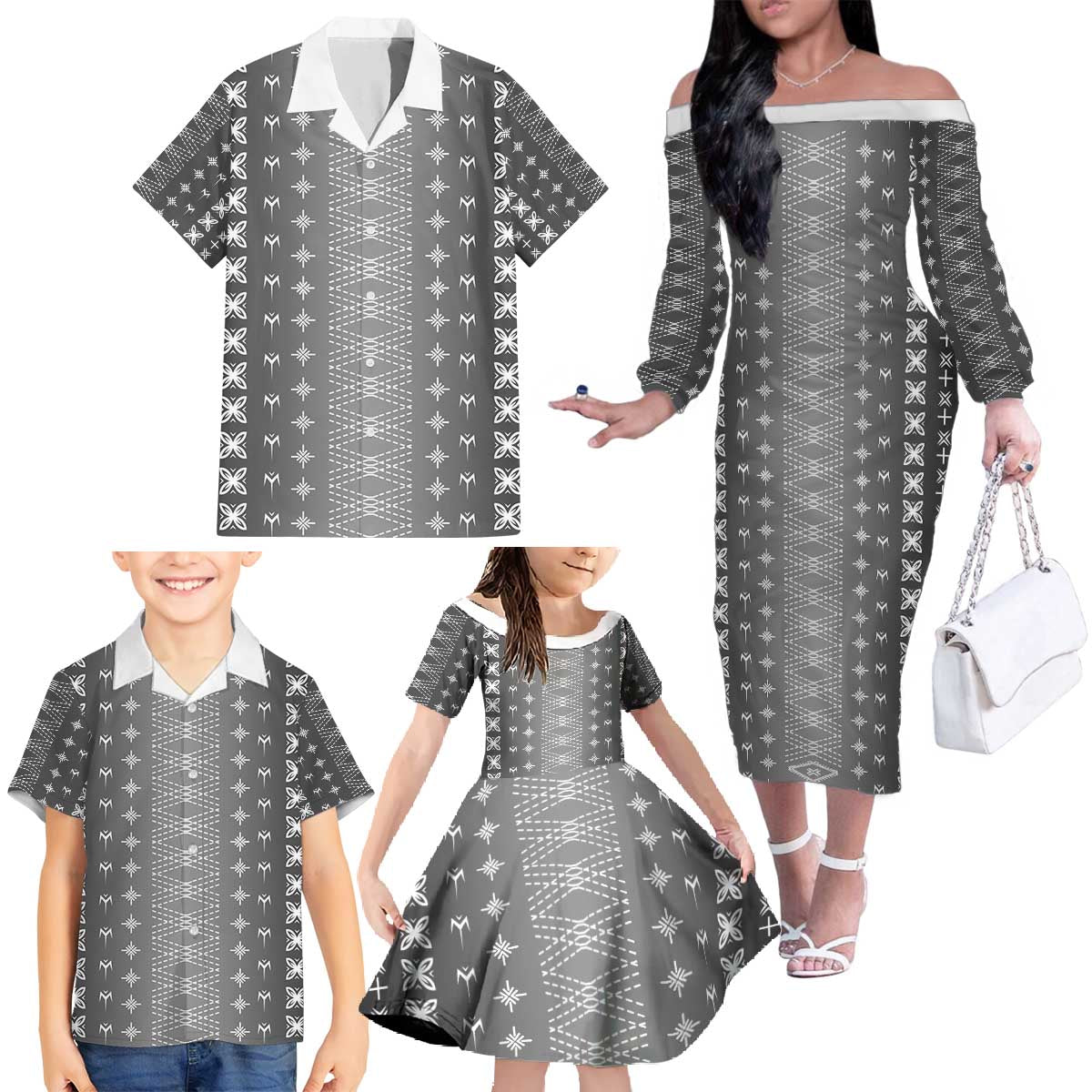 Black Samoa Malu Tattoo Inspired Family Matching Off The Shoulder Long Sleeve Dress and Hawaiian Shirt - Polynesian Pride