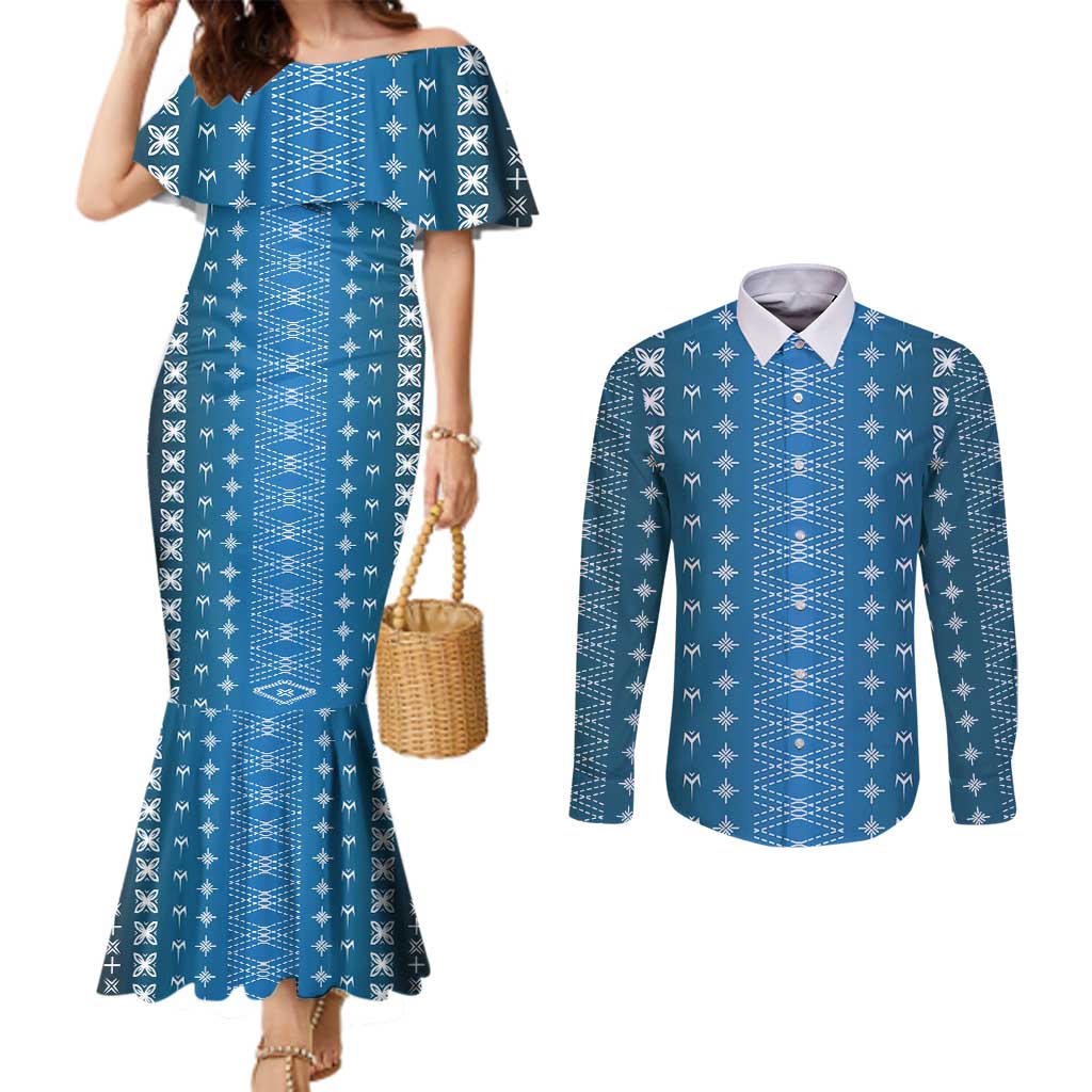Blue Samoa Malu Tattoo Inspired Couples Matching Mermaid Dress and Long Sleeve Button Shirt LT05 Blue - Polynesian Pride