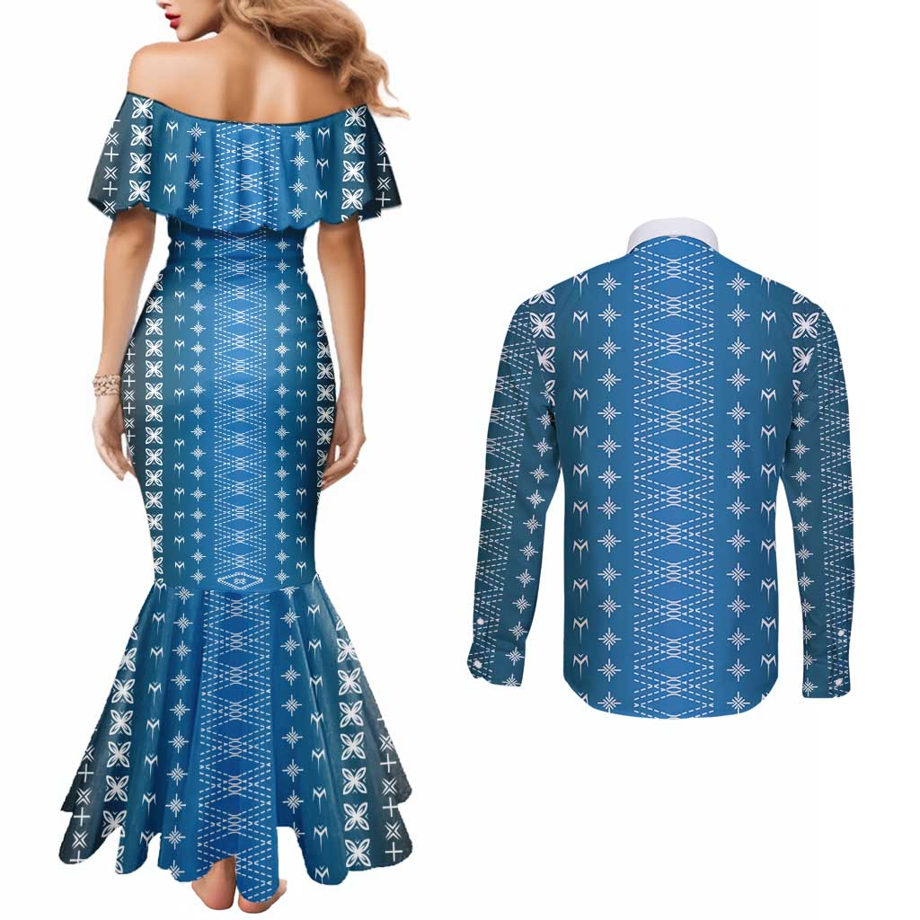 Blue Samoa Malu Tattoo Inspired Couples Matching Mermaid Dress and Long Sleeve Button Shirt LT05 - Polynesian Pride