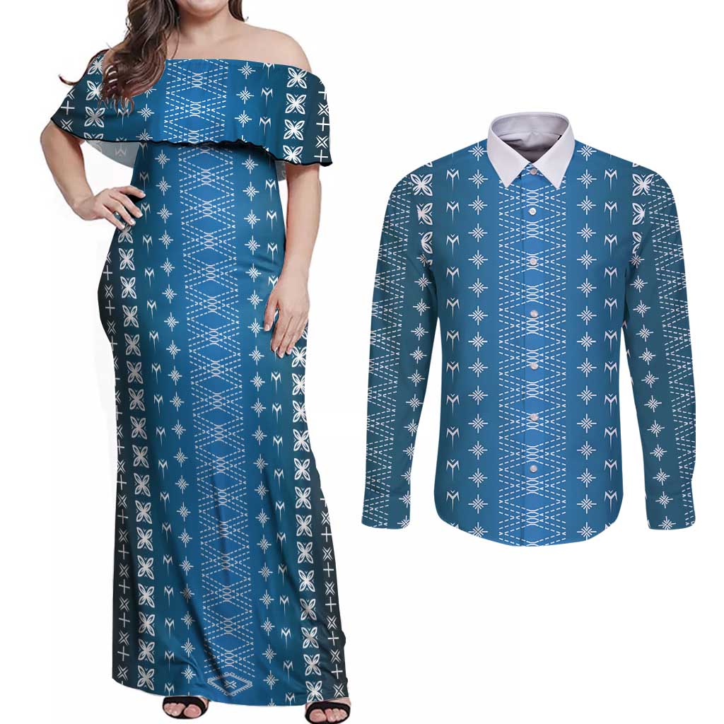 Blue Samoa Malu Tattoo Inspired Couples Matching Off Shoulder Maxi Dress and Long Sleeve Button Shirt LT05 Blue - Polynesian Pride