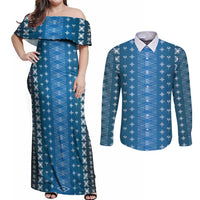 Blue Samoa Malu Tattoo Inspired Couples Matching Off Shoulder Maxi Dress and Long Sleeve Button Shirt LT05 Blue - Polynesian Pride