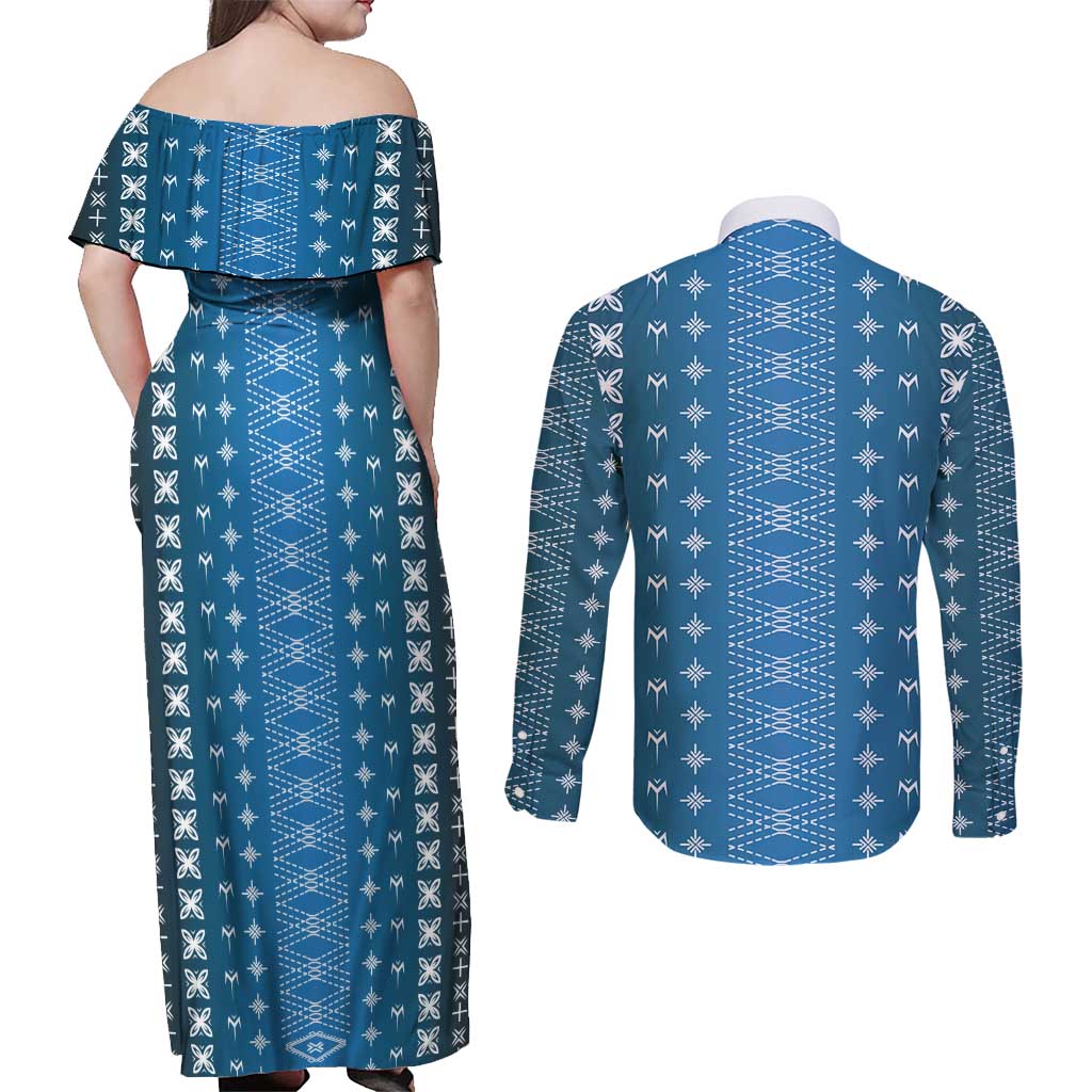 Blue Samoa Malu Tattoo Inspired Couples Matching Off Shoulder Maxi Dress and Long Sleeve Button Shirt LT05 - Polynesian Pride