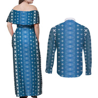 Blue Samoa Malu Tattoo Inspired Couples Matching Off Shoulder Maxi Dress and Long Sleeve Button Shirt LT05 - Polynesian Pride
