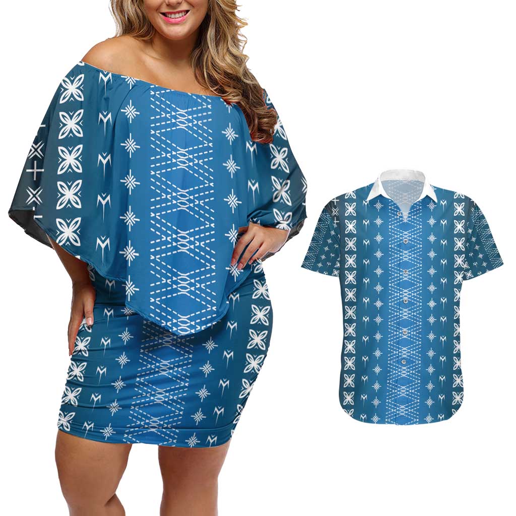 Blue Samoa Malu Tattoo Inspired Couples Matching Off Shoulder Short Dress and Hawaiian Shirt - Polynesian Pride