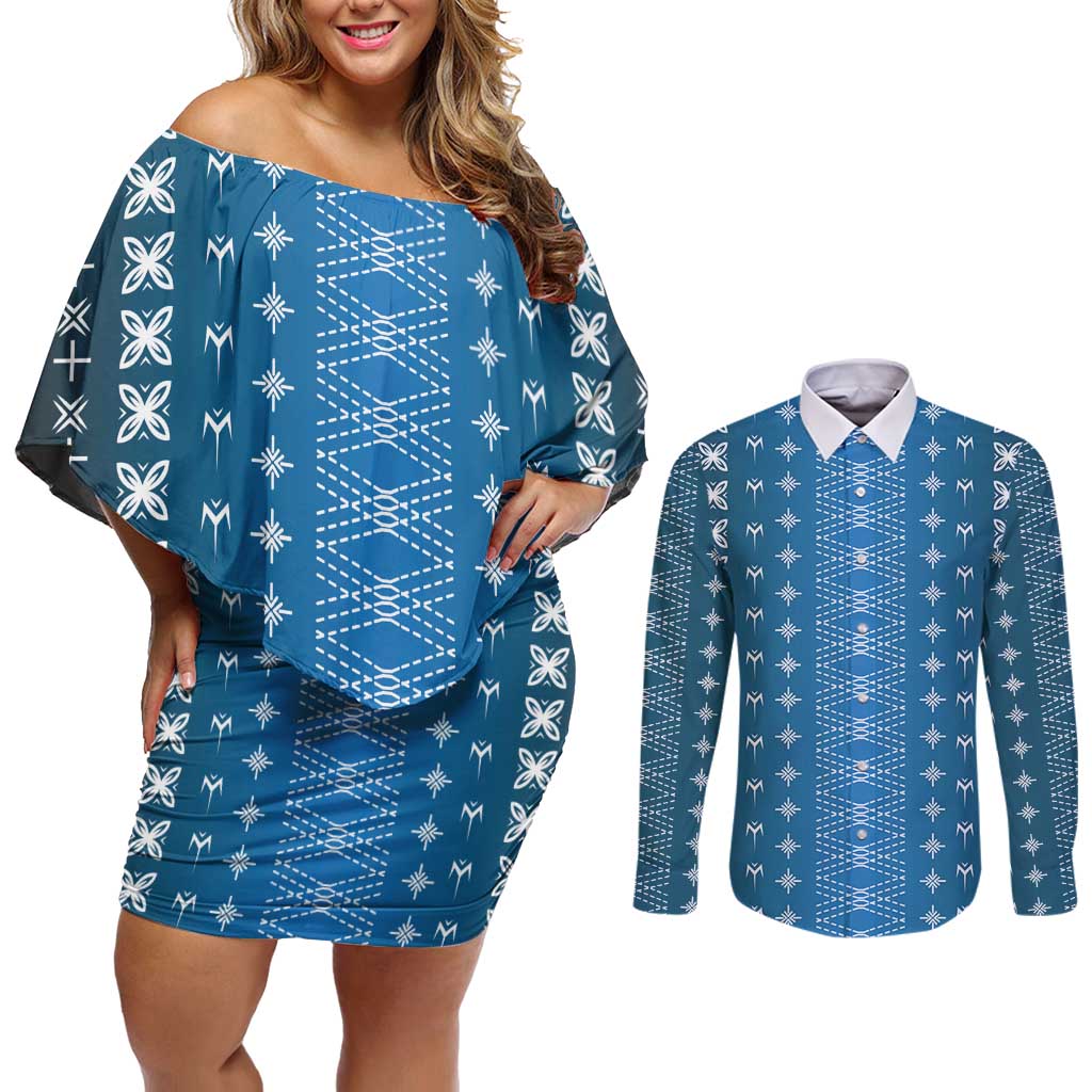 Blue Samoa Malu Tattoo Inspired Couples Matching Off Shoulder Short Dress and Long Sleeve Button Shirt - Polynesian Pride
