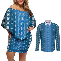 Blue Samoa Malu Tattoo Inspired Couples Matching Off Shoulder Short Dress and Long Sleeve Button Shirt - Polynesian Pride