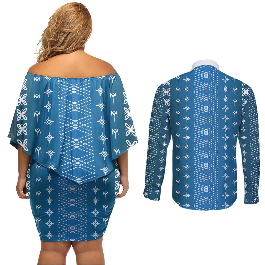Blue Samoa Malu Tattoo Inspired Couples Matching Off Shoulder Short Dress and Long Sleeve Button Shirt - Polynesian Pride