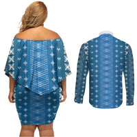 Blue Samoa Malu Tattoo Inspired Couples Matching Off Shoulder Short Dress and Long Sleeve Button Shirt - Polynesian Pride