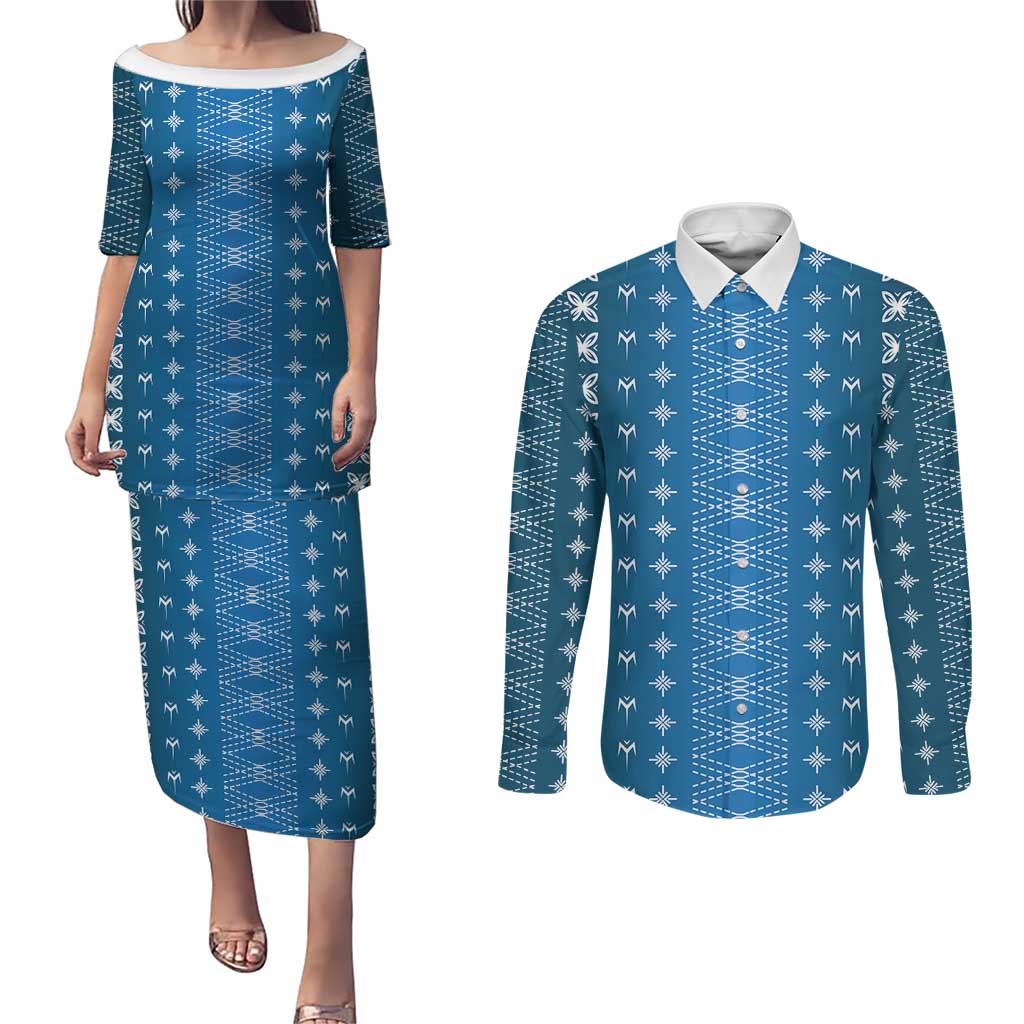 Blue Samoa Malu Tattoo Inspired Couples Matching Puletasi and Long Sleeve Button Shirt LT05 Blue - Polynesian Pride