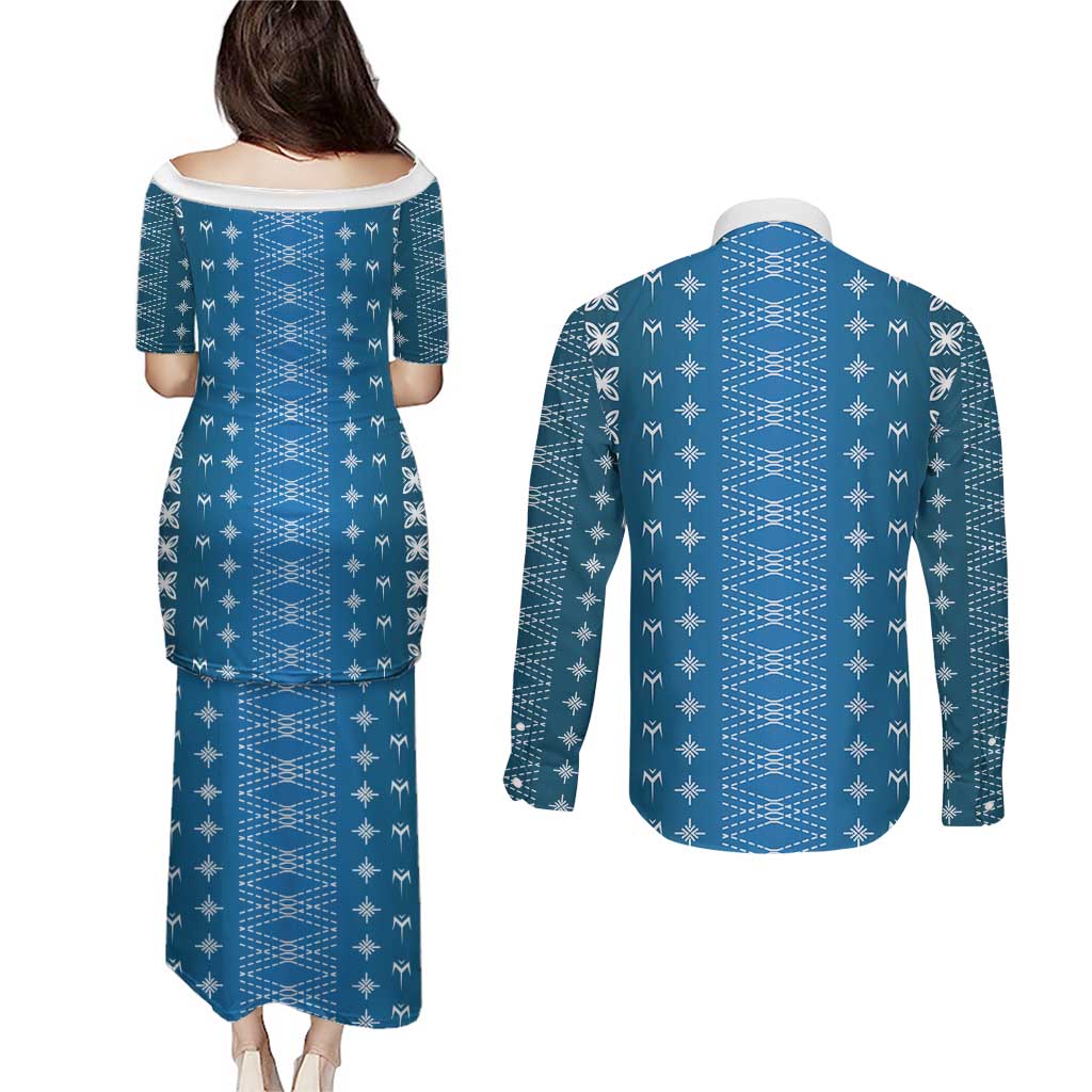 Blue Samoa Malu Tattoo Inspired Couples Matching Puletasi and Long Sleeve Button Shirt LT05 - Polynesian Pride