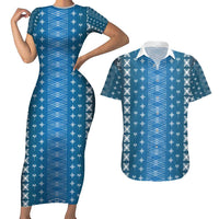 Blue Samoa Malu Tattoo Inspired Couples Matching Short Sleeve Bodycon Dress and Hawaiian Shirt - Polynesian Pride