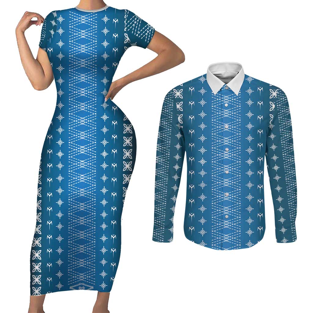 Blue Samoa Malu Tattoo Inspired Couples Matching Short Sleeve Bodycon Dress and Long Sleeve Button Shirt LT05 Blue - Polynesian Pride