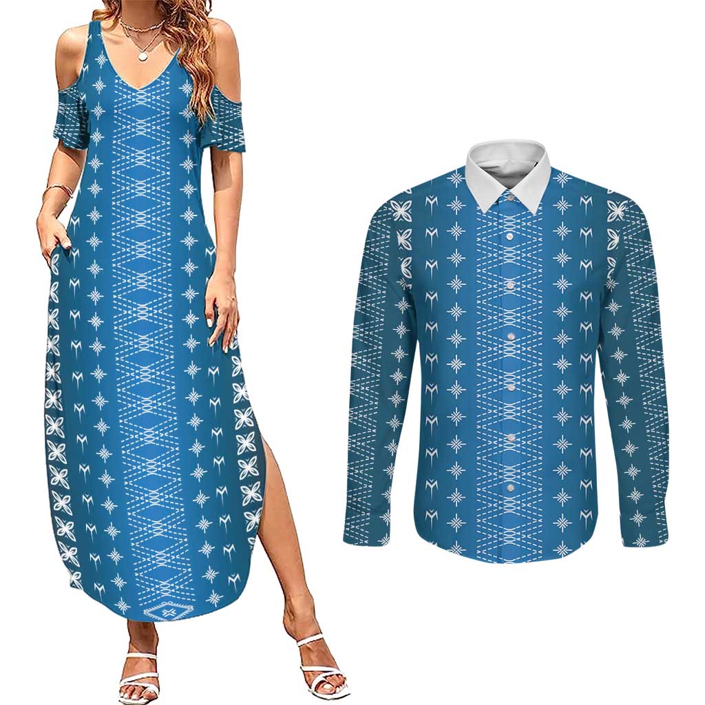 Blue Samoa Malu Tattoo Inspired Couples Matching Summer Maxi Dress and Long Sleeve Button Shirt LT05 Blue - Polynesian Pride