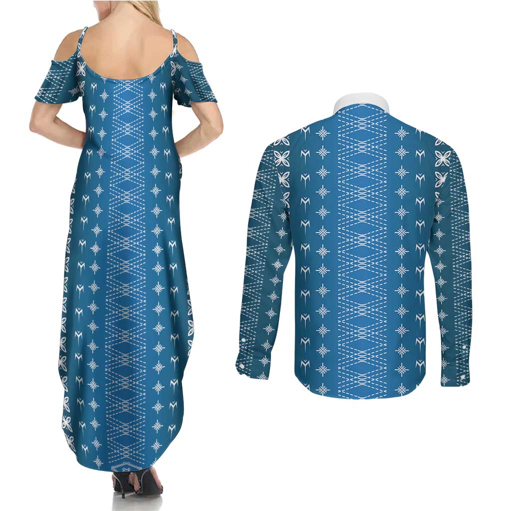 Blue Samoa Malu Tattoo Inspired Couples Matching Summer Maxi Dress and Long Sleeve Button Shirt LT05 - Polynesian Pride