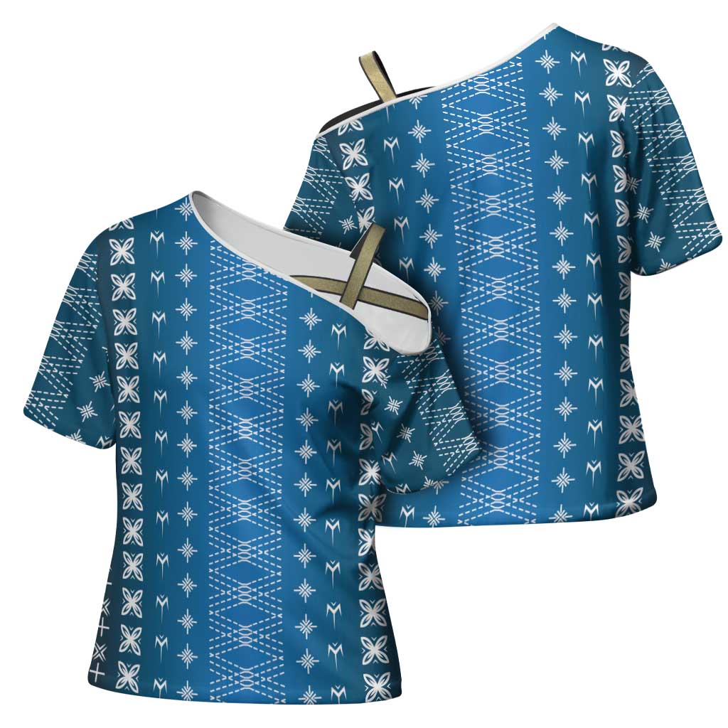 Blue Samoa Malu Tattoo Inspired Cross Shoulder Shirt LT05 - Polynesian Pride