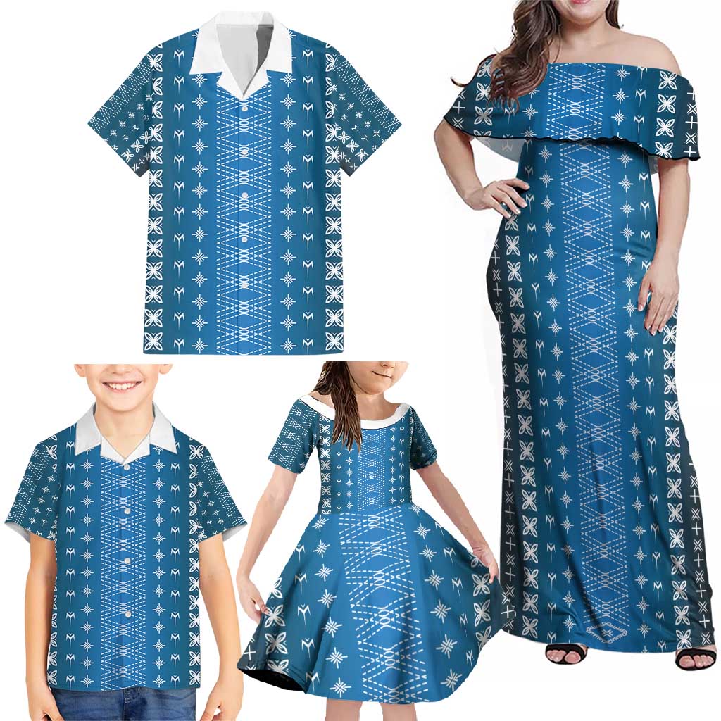 Blue Samoa Malu Tattoo Inspired Family Matching Off Shoulder Maxi Dress and Hawaiian Shirt - Polynesian Pride