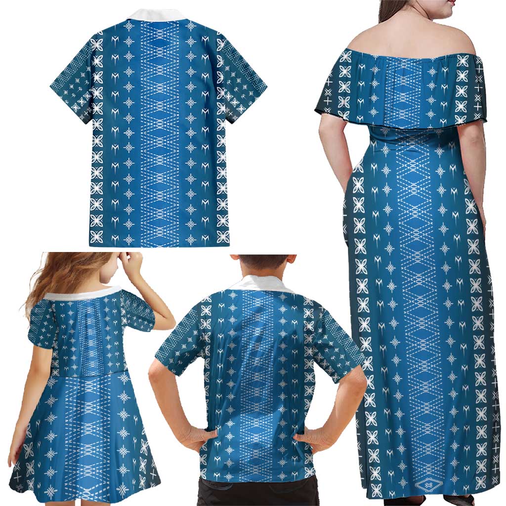 Blue Samoa Malu Tattoo Inspired Family Matching Off Shoulder Maxi Dress and Hawaiian Shirt - Polynesian Pride