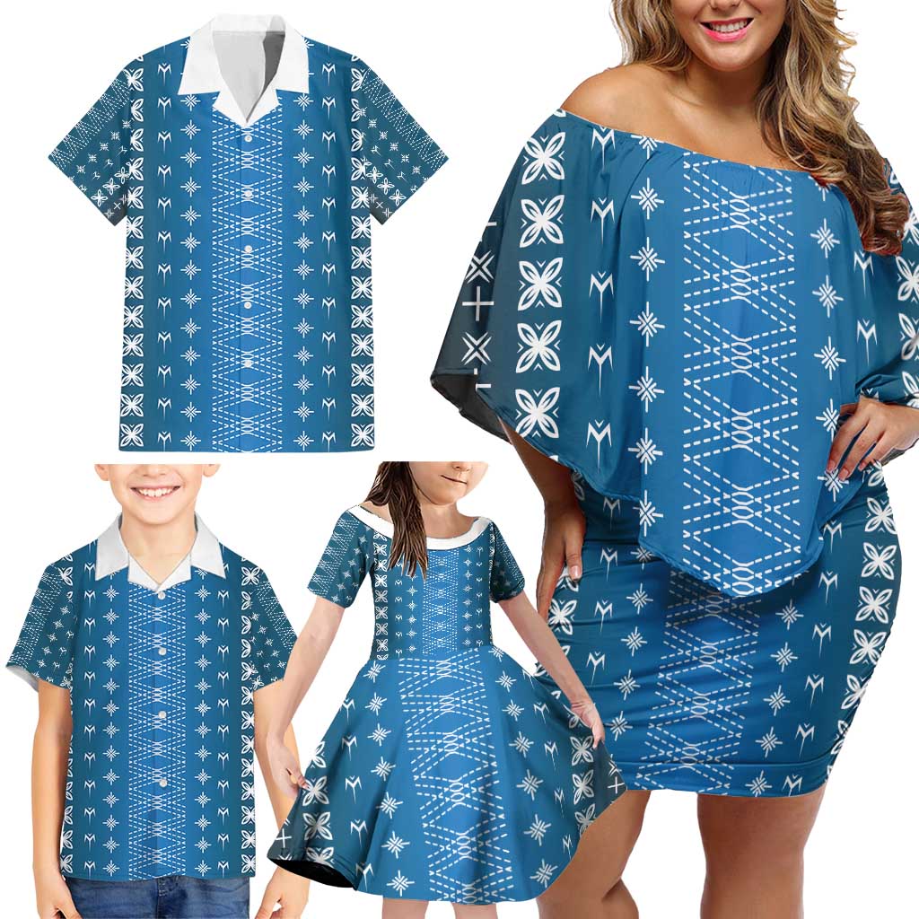 Blue Samoa Malu Tattoo Inspired Family Matching Off Shoulder Short Dress and Hawaiian Shirt - Polynesian Pride
