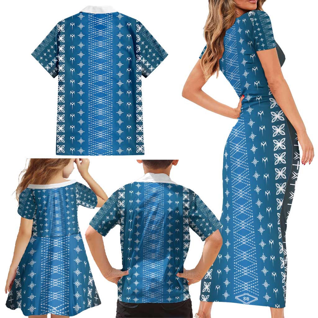 Blue Samoa Malu Tattoo Inspired Family Matching Short Sleeve Bodycon Dress and Hawaiian Shirt - Polynesian Pride