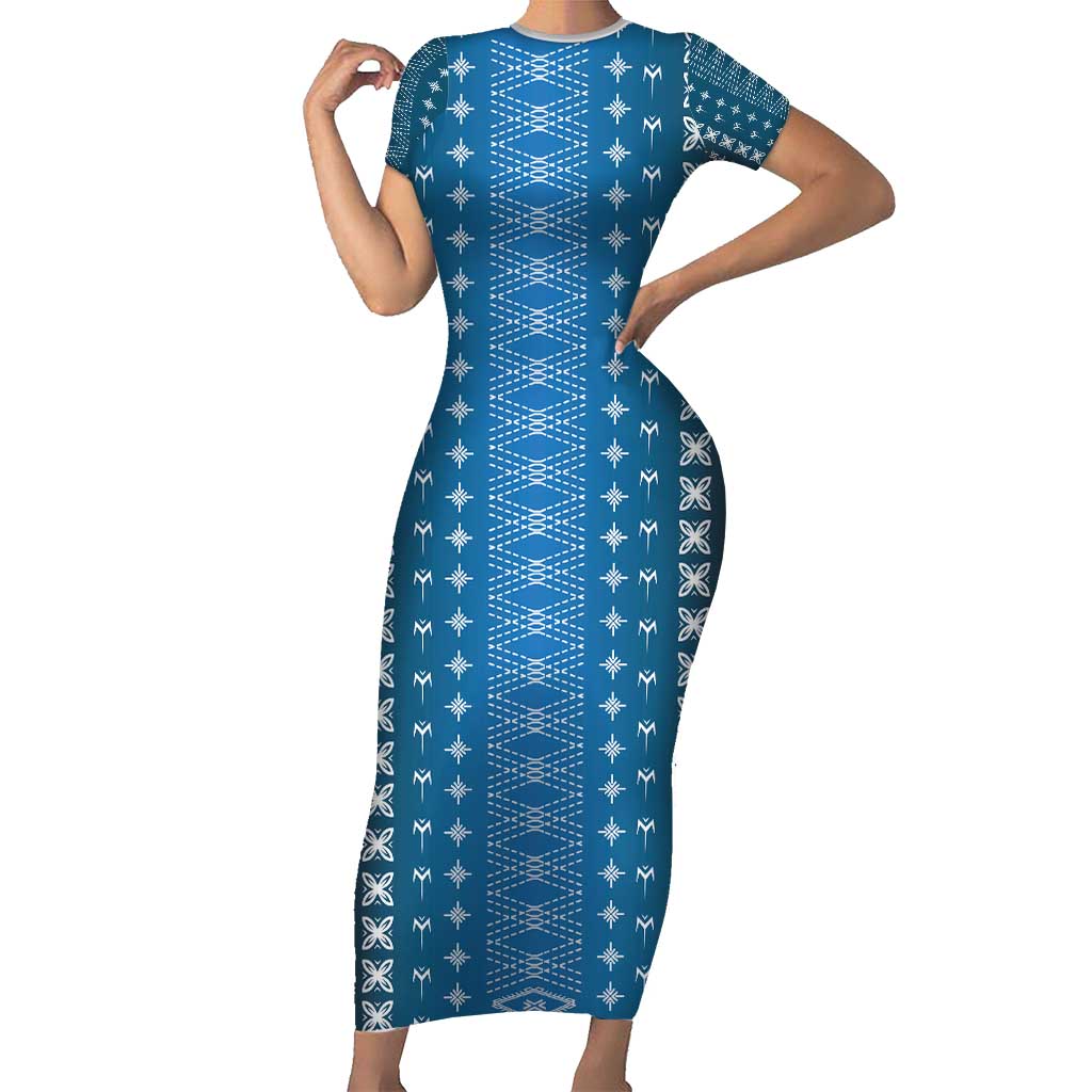 Blue Samoa Malu Tattoo Inspired Family Matching Short Sleeve Bodycon Dress and Hawaiian Shirt - Polynesian Pride