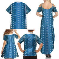 Blue Samoa Malu Tattoo Inspired Family Matching Summer Maxi Dress and Hawaiian Shirt - Polynesian Pride