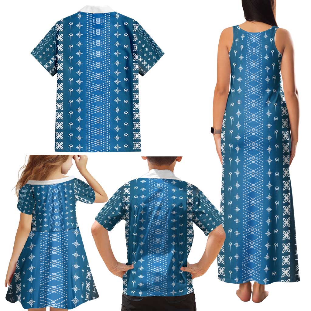 Blue Samoa Malu Tattoo Inspired Family Matching Tank Maxi Dress and Hawaiian Shirt - Polynesian Pride