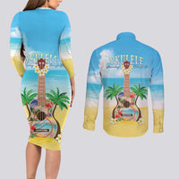 Hawaiian Ukulele Couples Matching Long Sleeve Bodycon Dress and Long Sleeve Button Shirt Sound Of Happiness