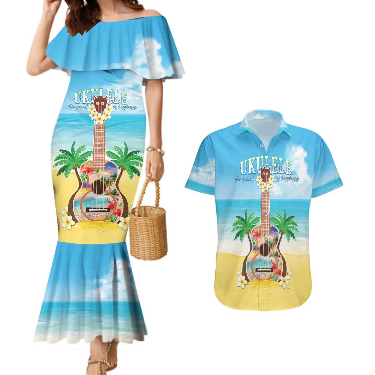 Hawaiian Ukulele Couples Matching Mermaid Dress and Hawaiian Shirt Sound Of Happiness