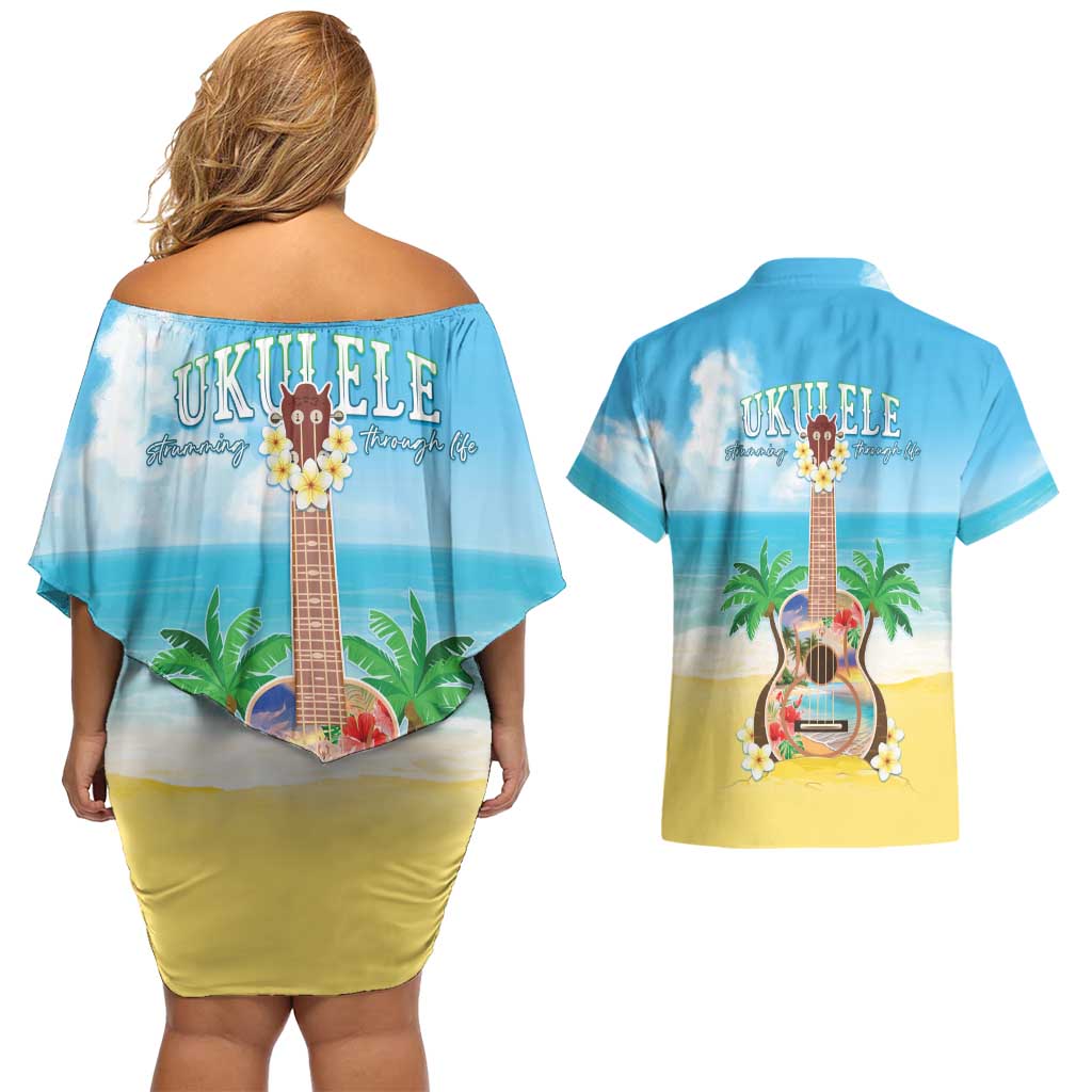 Hawaiian Ukulele Couples Matching Off Shoulder Short Dress and Hawaiian Shirt Sound Of Happiness