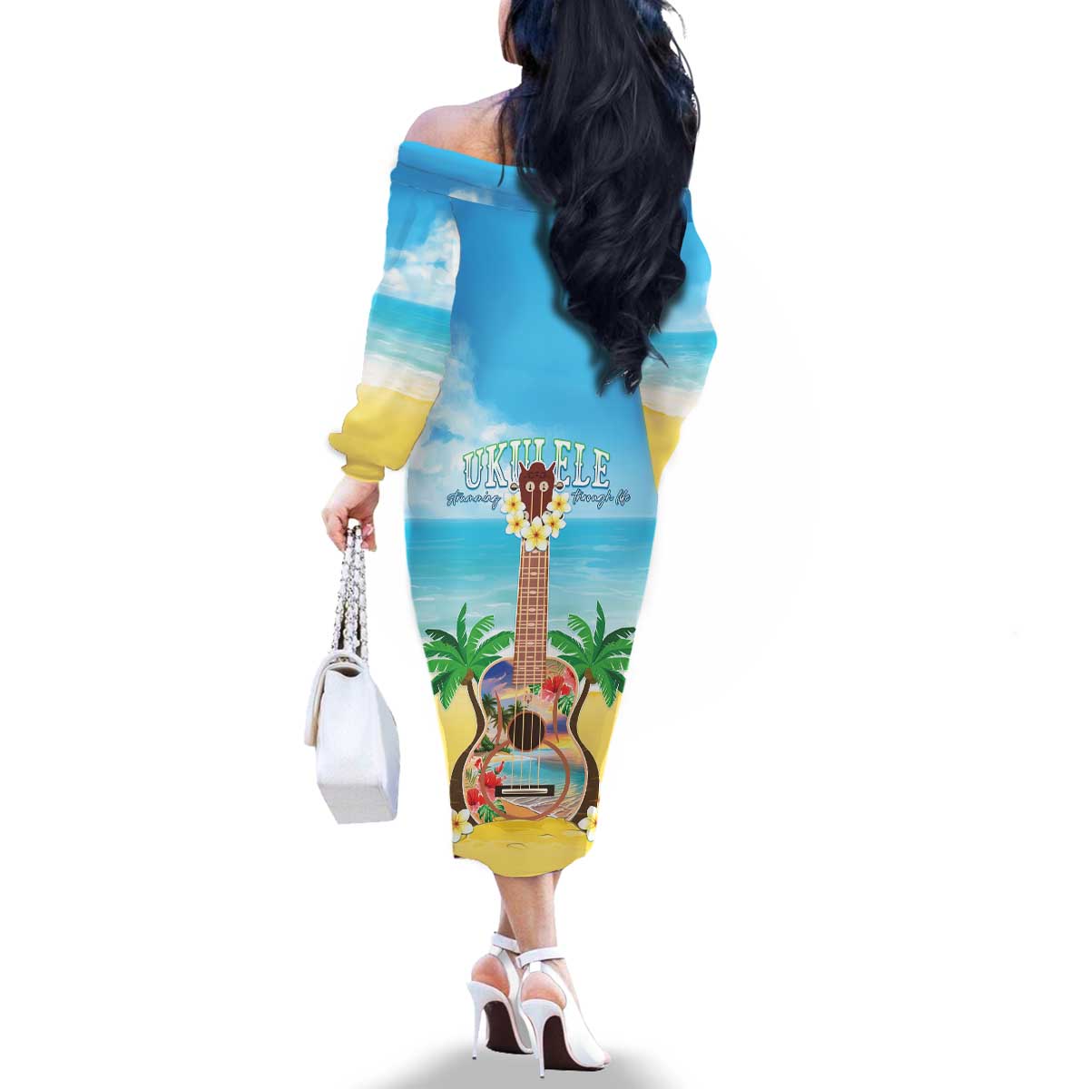 Hawaiian Ukulele Family Matching Off The Shoulder Long Sleeve Dress and Hawaiian Shirt Sound Of Happiness