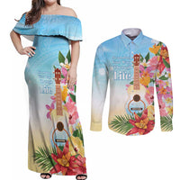 National Ukulele Day Couples Matching Off Shoulder Maxi Dress and Long Sleeve Button Shirt Tropical Vibe