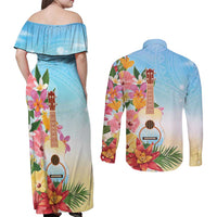 National Ukulele Day Couples Matching Off Shoulder Maxi Dress and Long Sleeve Button Shirt Tropical Vibe