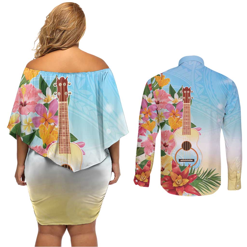 National Ukulele Day Couples Matching Off Shoulder Short Dress and Long Sleeve Button Shirt Tropical Vibe LT05 - Polynesian Pride