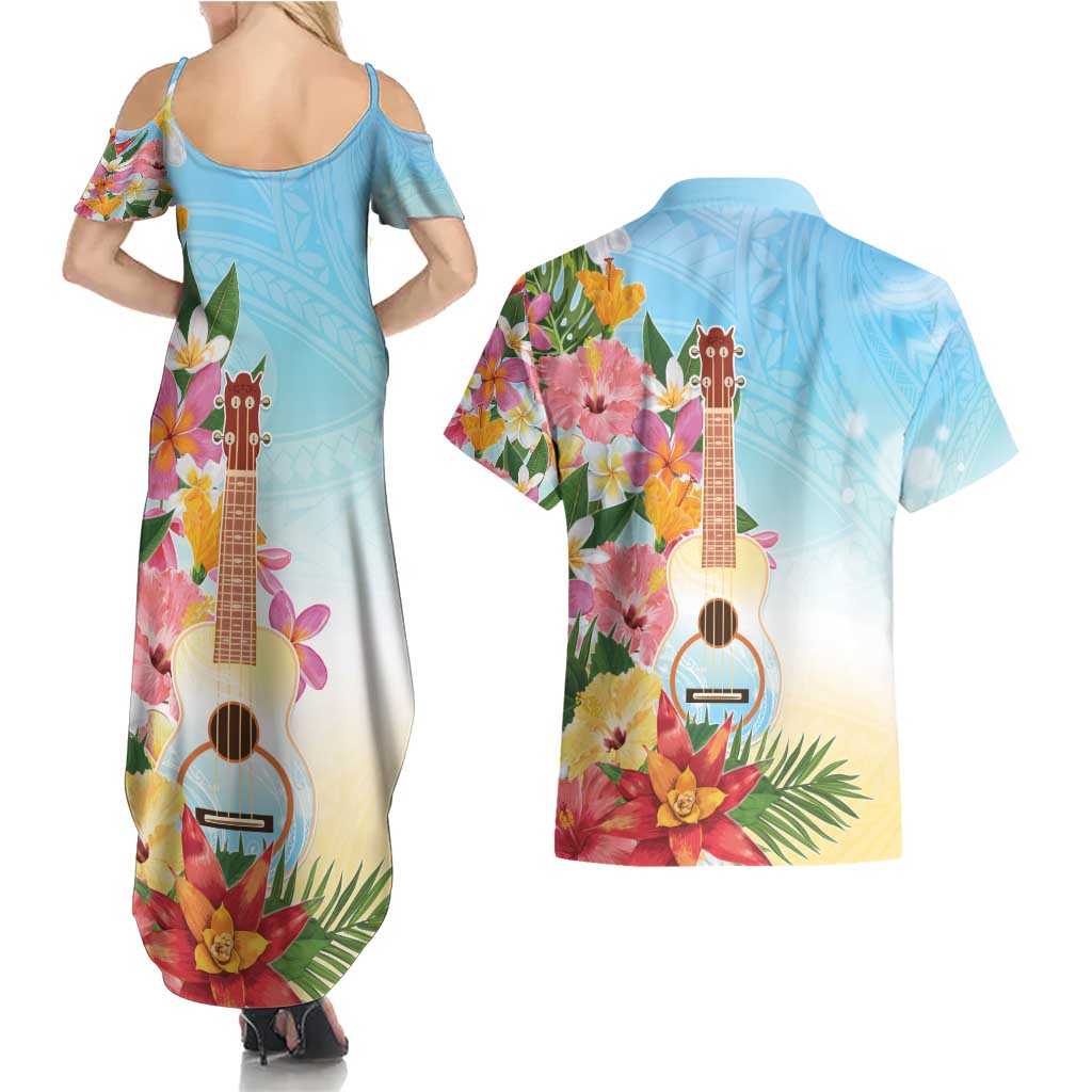 National Ukulele Day Couples Matching Summer Maxi Dress and Hawaiian Shirt Tropical Vibe