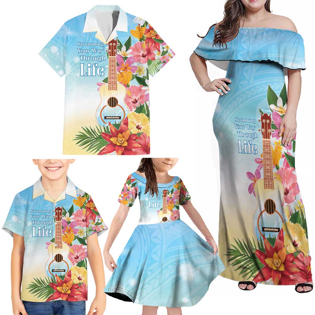 National Ukulele Day Family Matching Off Shoulder Maxi Dress and Hawaiian Shirt Tropical Vibe