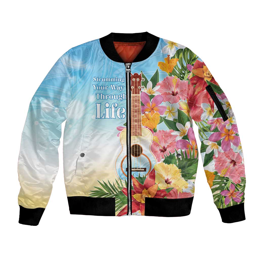 National Ukulele Day Sleeve Zip Bomber Jacket Tropical Vibe