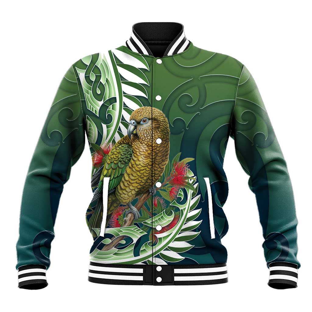 New Zealand Kea Bird Baseball Jacket With Maori Koru Fern LT05 Unisex Green - Polynesian Pride