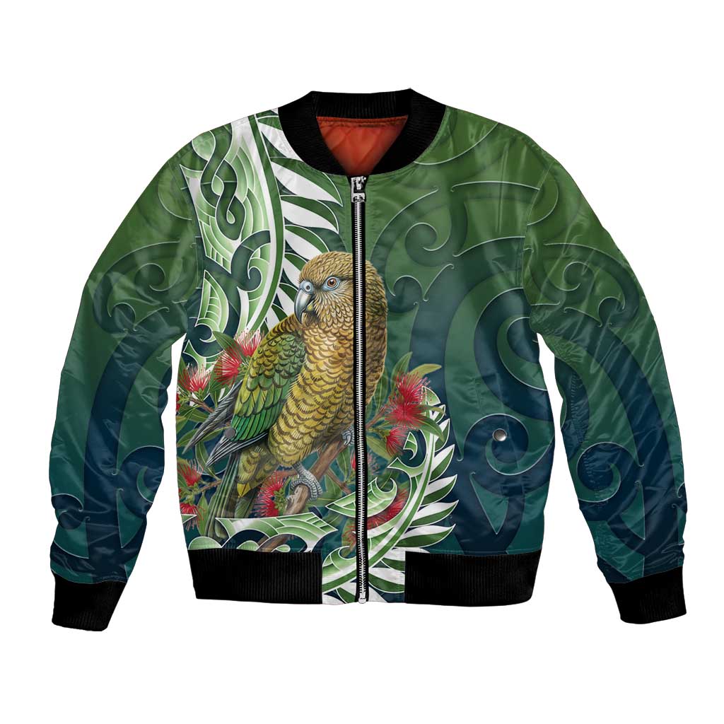 New Zealand Kea Bird Bomber Jacket With Maori Koru Fern LT05 Unisex Green - Polynesian Pride