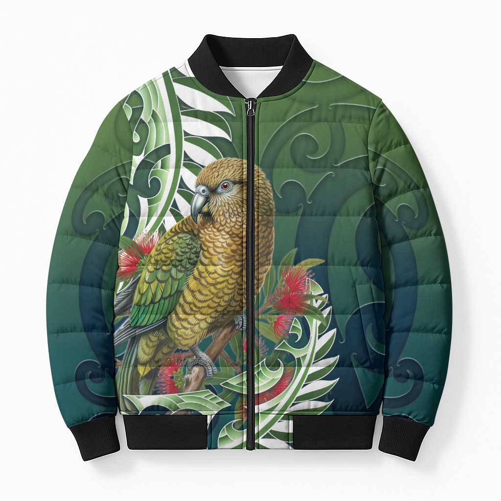 New Zealand Kea Bird Bomber Puffer Jacket With Maori Koru Fern LT05 Unisex Green - Polynesian Pride