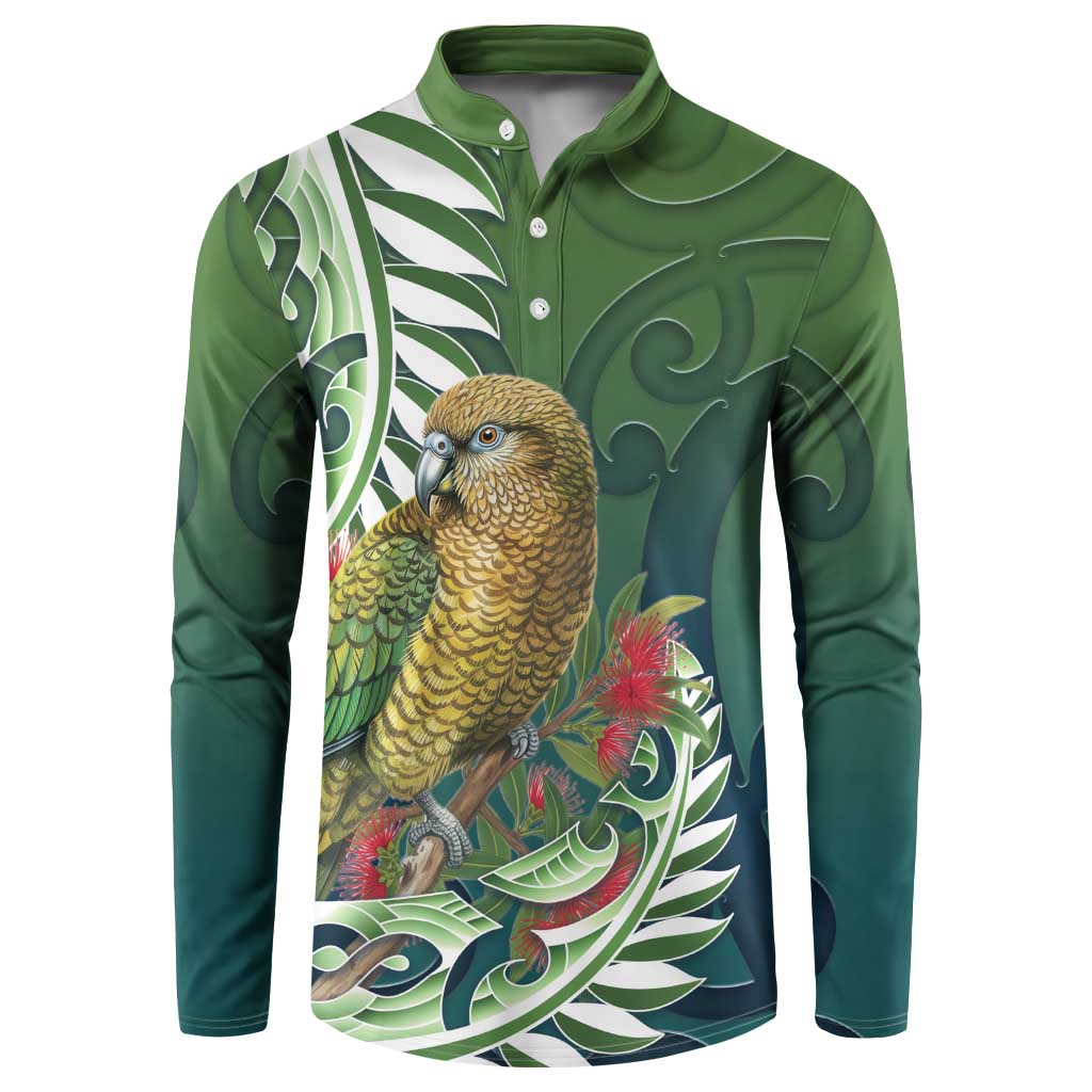 New Zealand Kea Bird Button Sweatshirt With Maori Koru Fern LT05 Green - Polynesian Pride