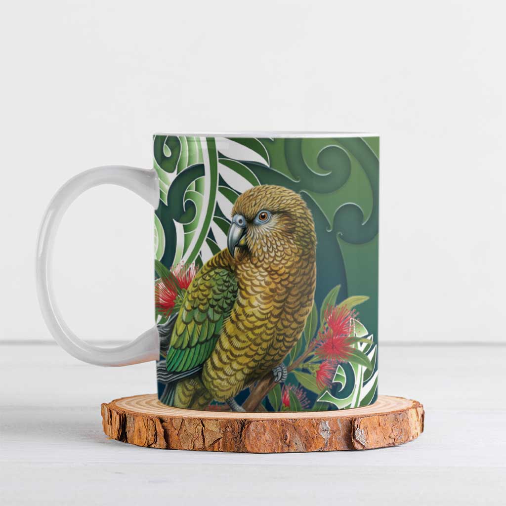 New Zealand Kea Bird Ceramic Mug With Maori Koru Fern LT05 Green - Polynesian Pride