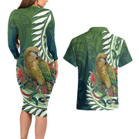 New Zealand Kea Bird Couples Matching Long Sleeve Bodycon Dress and Hawaiian Shirt With Maori Koru Fern - Polynesian Pride