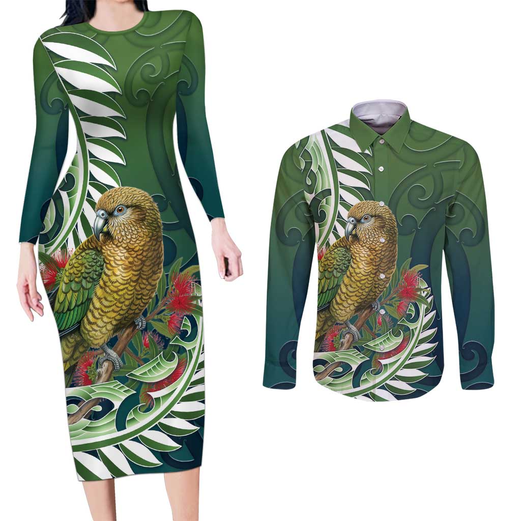 New Zealand Kea Bird Couples Matching Long Sleeve Bodycon Dress and Long Sleeve Button Shirt With Maori Koru Fern - Polynesian Pride