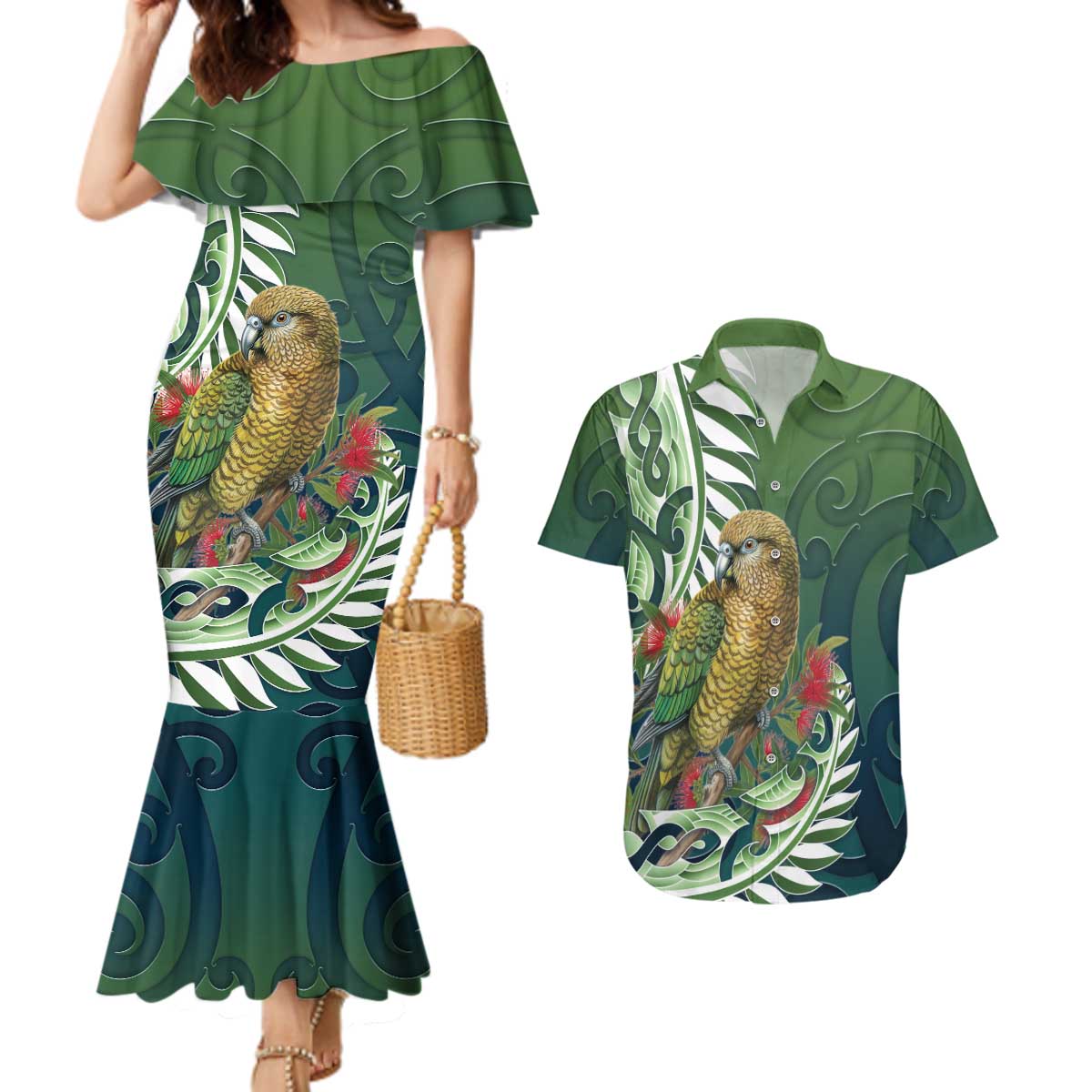 New Zealand Kea Bird Couples Matching Mermaid Dress and Hawaiian Shirt With Maori Koru Fern - Polynesian Pride