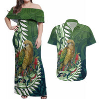 New Zealand Kea Bird Couples Matching Off Shoulder Maxi Dress and Hawaiian Shirt With Maori Koru Fern - Polynesian Pride