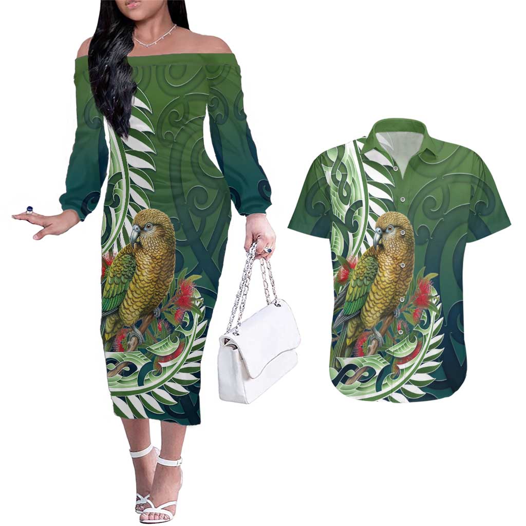 New Zealand Kea Bird Couples Matching Off The Shoulder Long Sleeve Dress and Hawaiian Shirt With Maori Koru Fern - Polynesian Pride