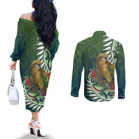 New Zealand Kea Bird Couples Matching Off The Shoulder Long Sleeve Dress and Long Sleeve Button Shirt With Maori Koru Fern - Polynesian Pride